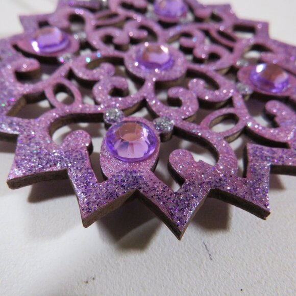Circle Medallion Laser Cut Wooden Ornament with Rhinestones Hangs - Picture 6 of 7